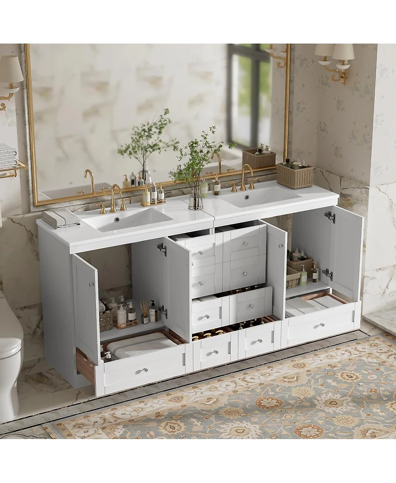 Sillysis 72 Inch Double Sink Bathroom Vanity, Freestanding Modern Mdf Cabinet with Soft Close Drawers and Ceramic Sinks