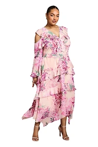 Coast Women's Shoulder Printed Ruffle Midi Dress