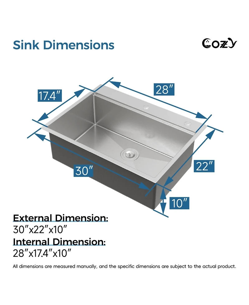 Busdays Stainless Steel Kitchen Sink Single Bowl Overmount Handmade Brushed with Cutting Board and Colander