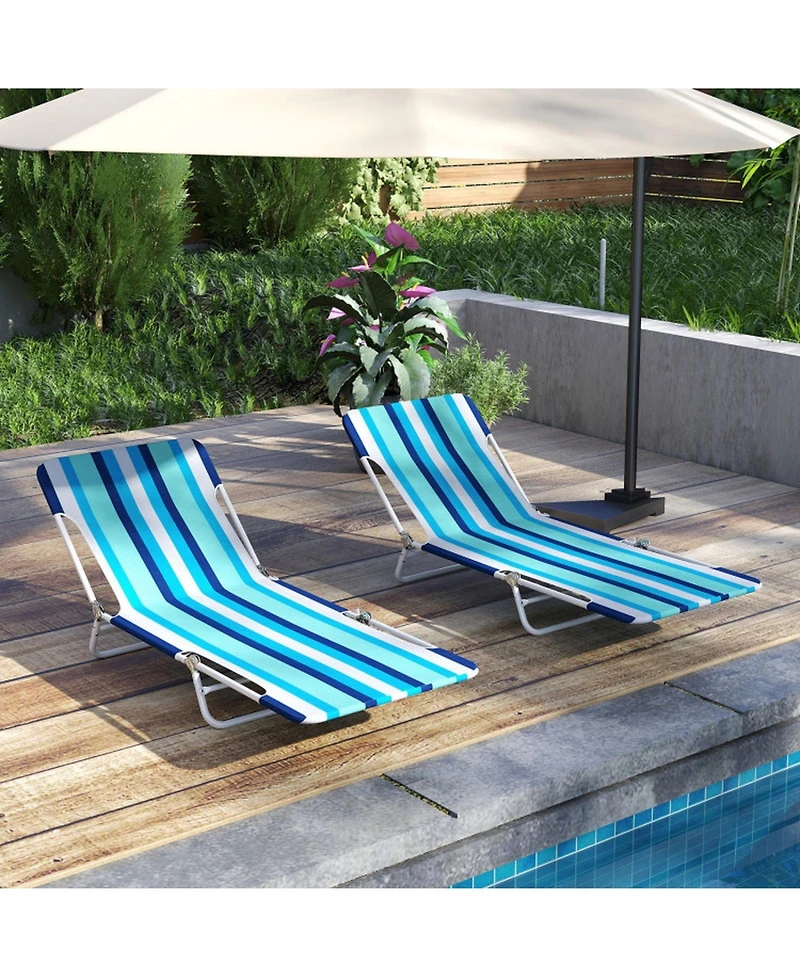 Sugift 2 Pieces 5-Position Lay Flat Beach Recliner with Carry Strap and Metal Frame