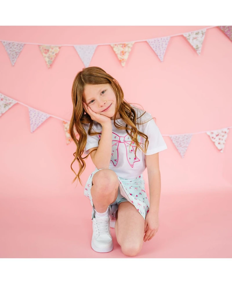 Sweet Wink Little Girls Sky Blue Floral Bow Patch Short Sleeve T-Shirt
