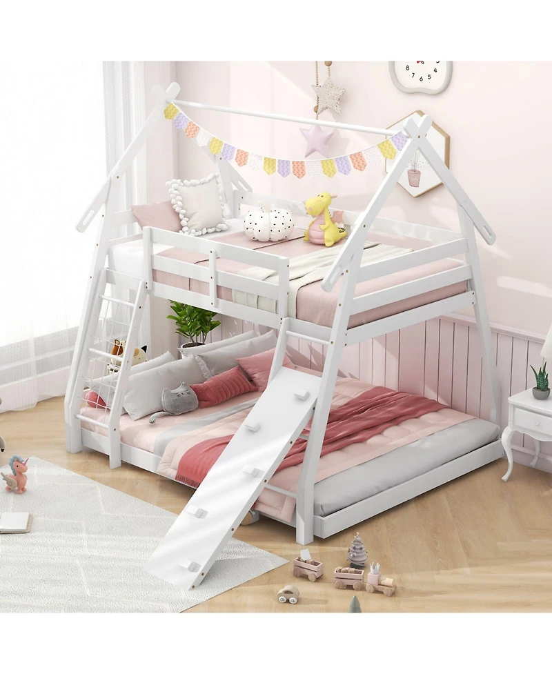 Slickblue Wooden Twin Queen Bunk Bed with Ramp and Climbing Nets