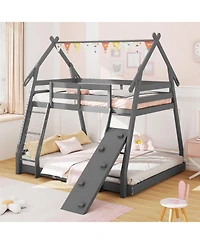 Slickblue Wooden Twin Queen Bunk Bed with Ramp and Climbing Nets