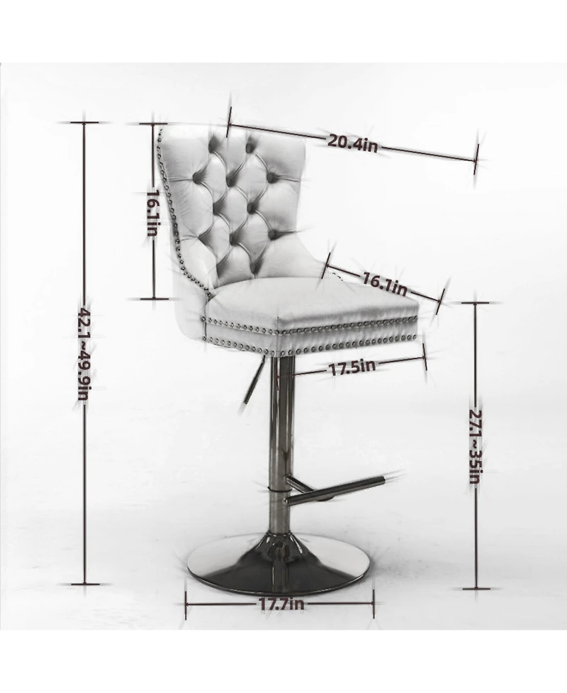 Rainsken Pu Leather Swivel Bar Stools Set of 2, Adjustable Counter Height Chairs with Tufted Design and Nailhead Trim for Kitchen Island, Home Pub