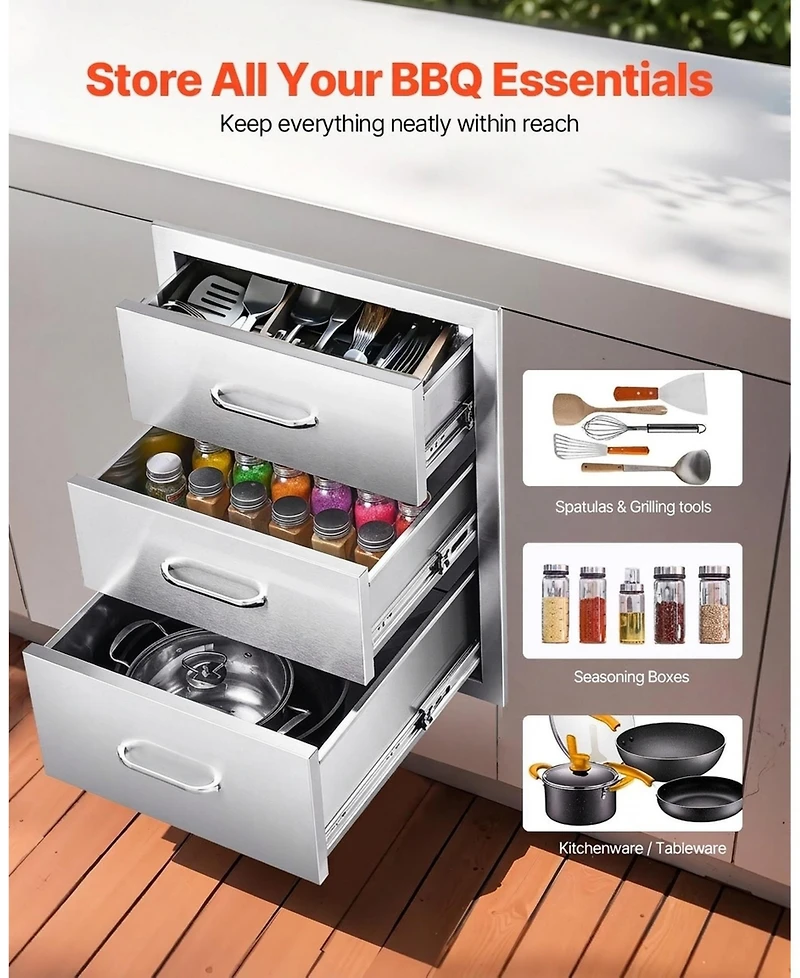 Sugift Triple-Access Stainless Steel Outdoor Kitchen Drawers 18.11in W x 23.23in D x 23.23in H