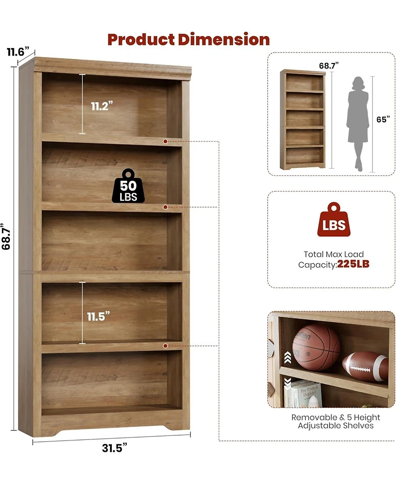 gaomon 75" Tall Farmhouse Bookshelf, 5 Tier Open Bookcase with Adjustable Shelves and Anti-Tip Design for Living Room