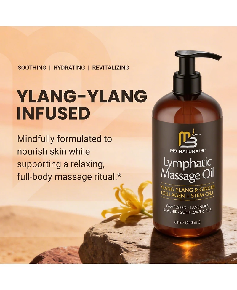 M3 Naturals Lymphatic Massage Oil and Roller Kit Ylang Ylang and Ginger 8 Fl Oz