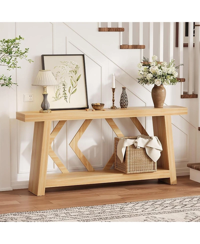 gaomon 70.9 Inch All-Wood Console Table, Ultra-Stable Trapezoid Leg Sofa Table Behind Couch, 2-Tier Extra Long Entryway Table for Hallway, Living Room