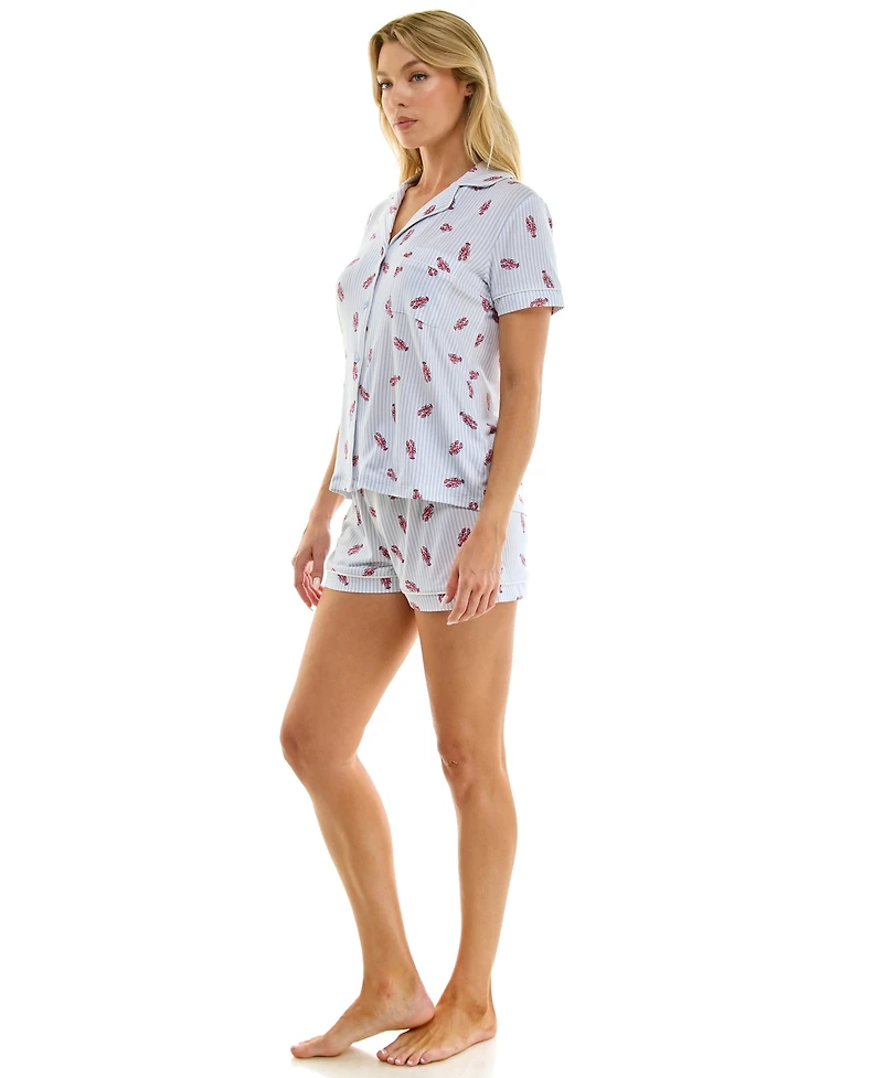 Jaclyn Intimates Women's Short-Sleeve Notch Collar Top and Shorts, 2-Piece Set