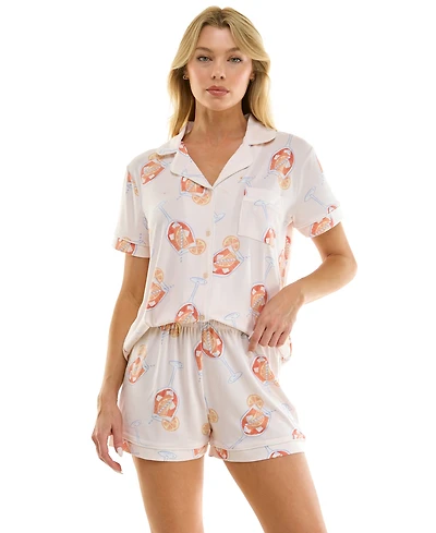 Jaclyn Intimates Women's Short-Sleeve Notch Collar Top and Shorts, 2-Piece Set