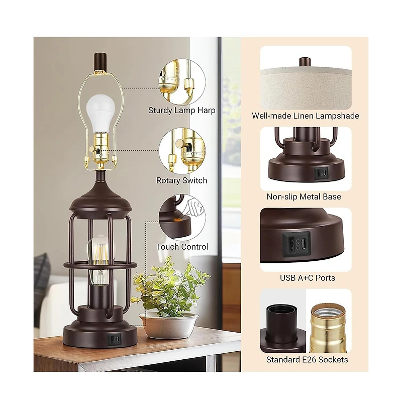 Sofucor 23-inch Table Lamp Set of 2 with Usb Ports, Touch Control 3-Way Dimmable Bedside Lamp with 2 Led Night Light, Farmhouse Rustic Nightstand Lamp