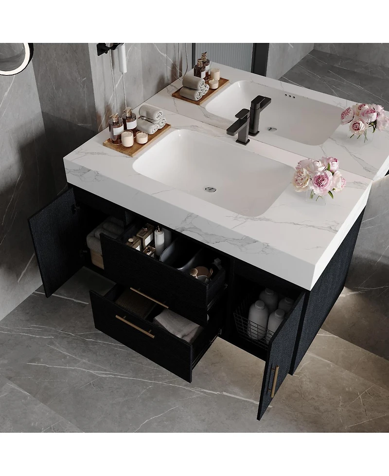 Sillysis Wall Mounted Bathroom Vanity with Faux Marble Top, Soft Close Drawers, Seamless Ceramic Sink, Black Plywood Cabinet