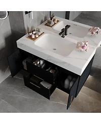 Sillysis Wall Mounted Bathroom Vanity with Faux Marble Top, Soft Close Drawers, Seamless Ceramic Sink, Black Plywood Cabinet