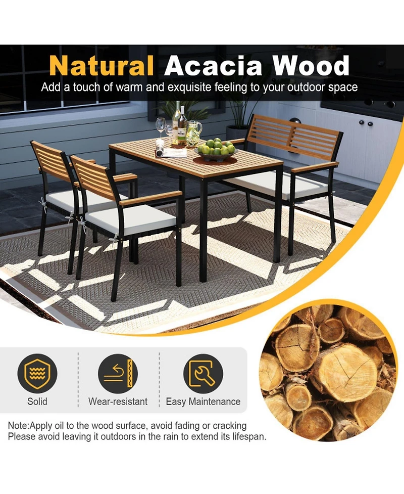 Gouun 4 Piece Acacia Wood Patio Dining Set with Rectangular Table, 2 Chairs and Bench, Umbrella Hole