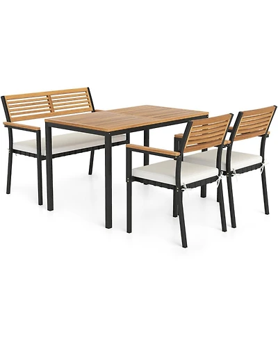Gouun 4 Piece Acacia Wood Patio Dining Set with Rectangular Table, 2 Chairs and Bench, Umbrella Hole