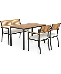 Gouun 4 Piece Acacia Wood Patio Dining Set with Rectangular Table, 2 Chairs and Bench, Umbrella Hole