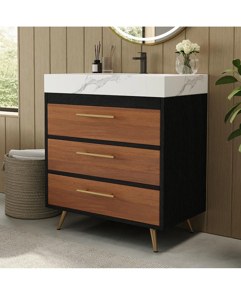 Sillysis Walnut Freestanding Bathroom Vanity with Sintered Stone Top, Ceramic Sink, Tilt-Out and Soft-Close Drawers