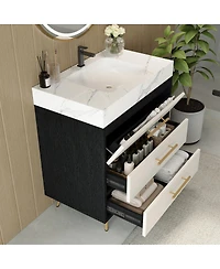 Sillysis Walnut Freestanding Bathroom Vanity with Sintered Stone Top, Ceramic Sink, Tilt-Out and Soft-Close Drawers