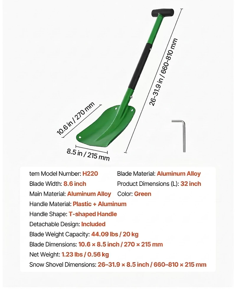 Skonyon Aluminum Alloy Snow Shovel with T-Handle for Driveway Snow Removal