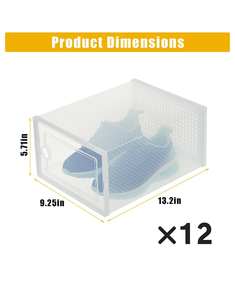 homfan 12Pcs Clear Collapsible Shoe Storage Boxes - Stackable Transparent Organizer Bins for Closet, Home, and Shoes - Space-Saving