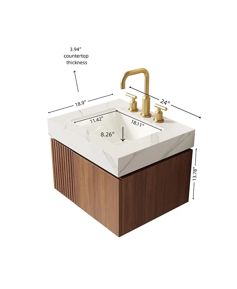 Sillysis Wall Mounted Bathroom Vanity, Carrara Sintered Stone Top, 3-Hole Ceramic Sink, Soft Close Cabinet