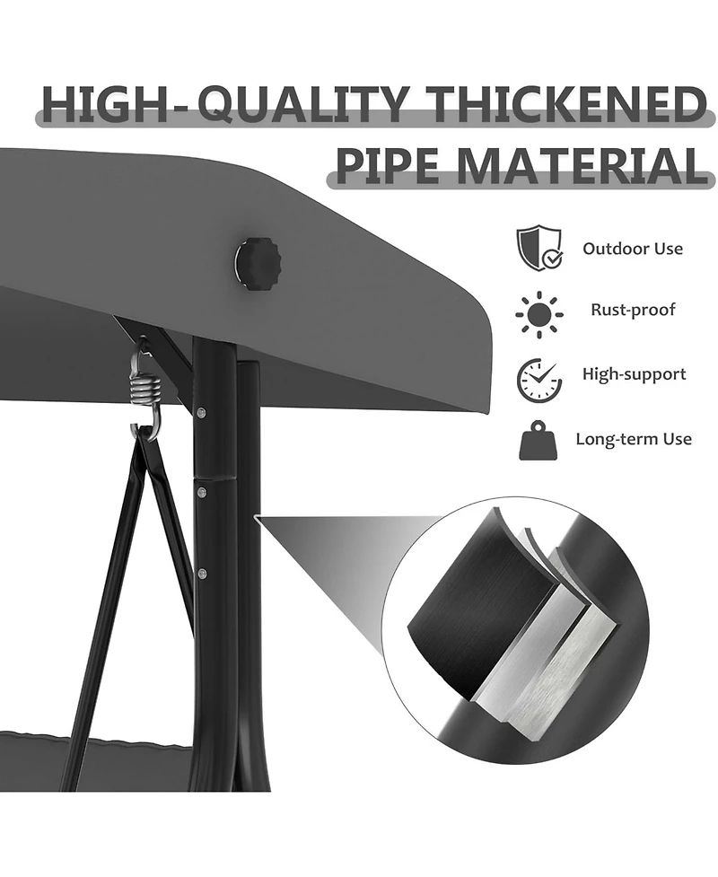 GarveeLife Outdoor Porch Swing with Adjustable Canopy 3 Seat Patio Swing Chair Heavy Duty Outdoor Swing with Cup Holder Tray Cushion and Pillows