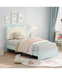 homfan Led Headboard Kids Bed Frame - Adjustable Cute Bear Design, Suede Upholstery, Storage Drawer, Plain Wood Slats, Noise-Free