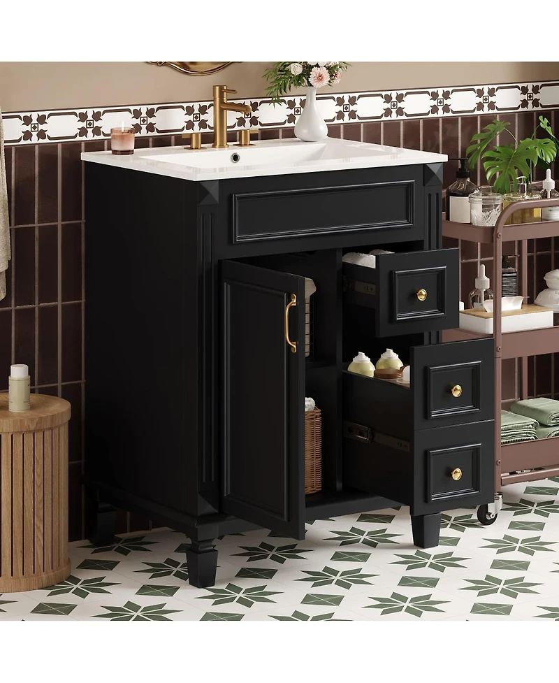 Sillysis 24 Inch French Freestanding Bathroom Vanity with Ceramic Sink, 2 Drawers and Adjustable Shelf for Small Spaces