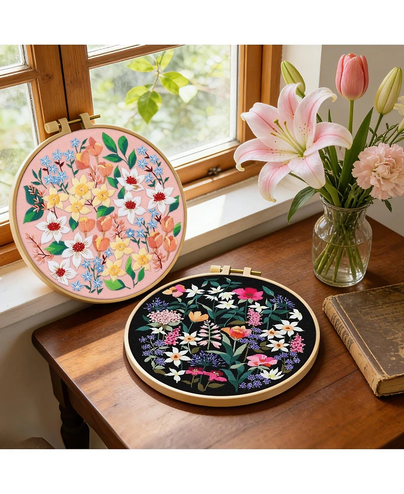 Gnuadz 2 Set Embroidery Kit Beginners Floral Cross Cloth Hoops Threads