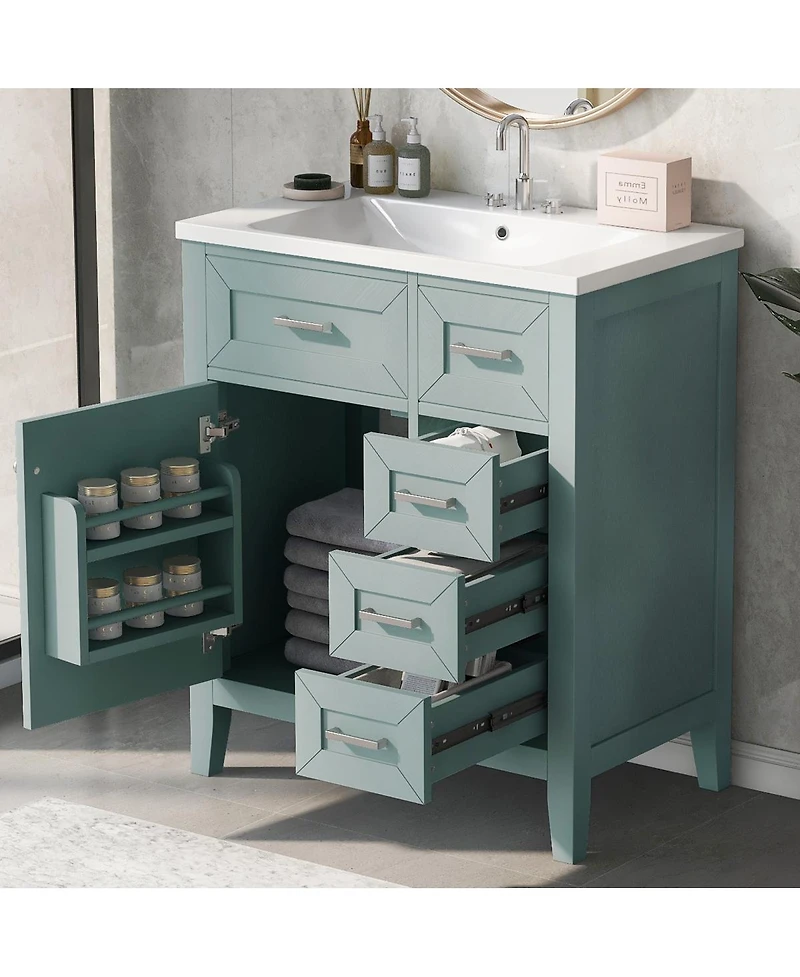 Sillysis 30 Inch Modern Bathroom Vanity with Ceramic Sink, Solid Wood, Multiple Drawers and Door Shelf for Stylish Bath