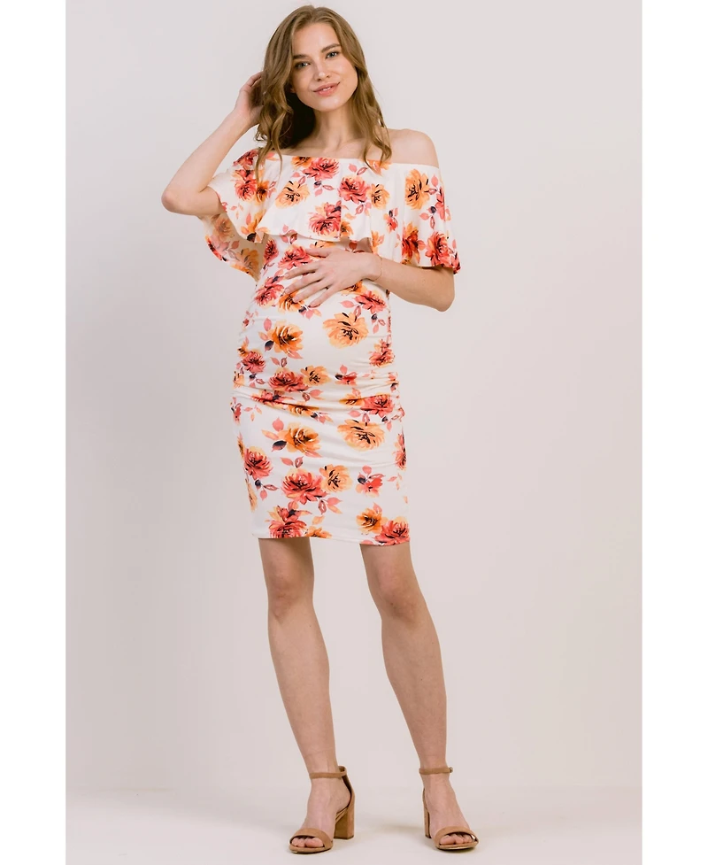 Hello Miz Maternity Floral Off-the-Shoulder Ruffle Bodycon Dress
