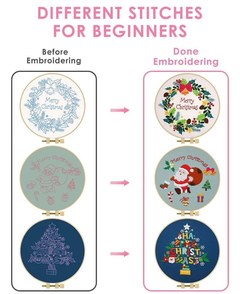Gnuadz Christmas Embroidery Kit Adults 3 Sets Hoops Threads