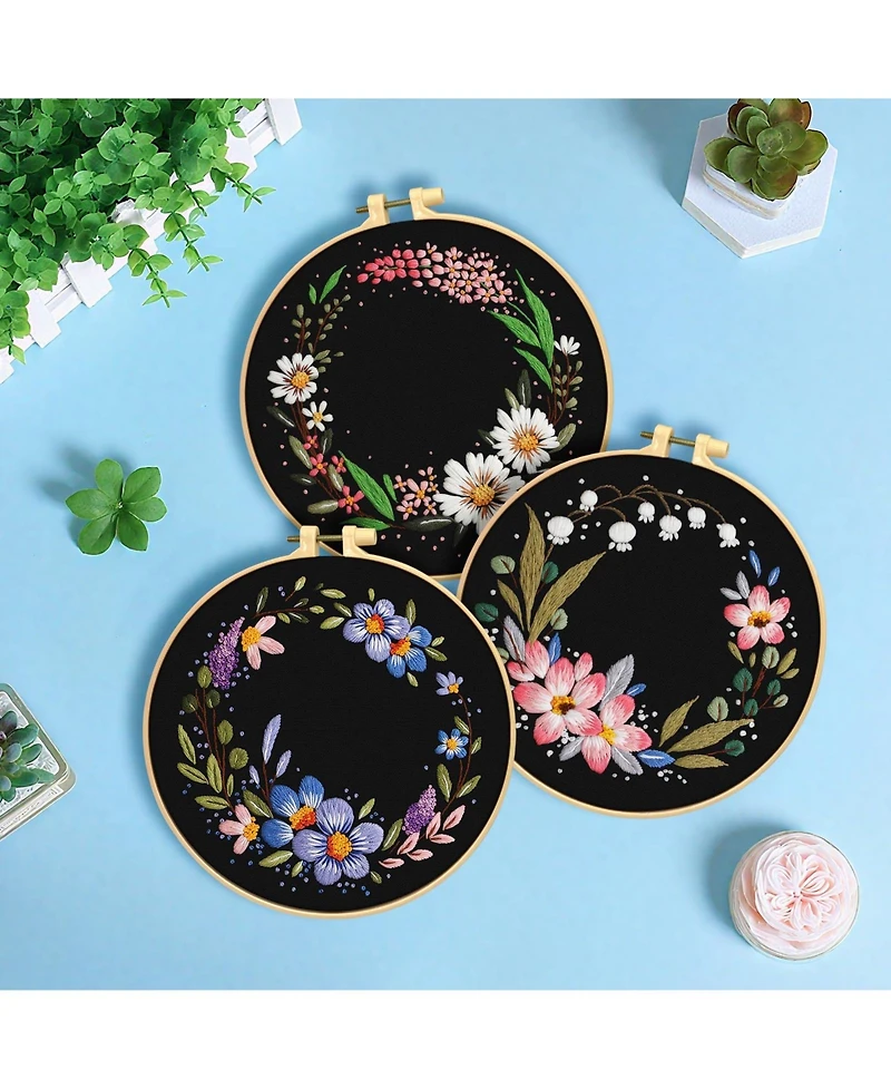 Gnuadz 3 Sets Embroidery Kit Floral Cross Stitch Hoops Threads Craft Lover Hand Garlands