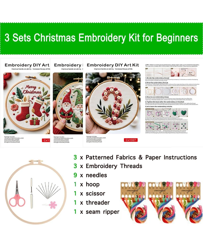 Gnuadz 3 Sets Holiday Embroidery Kit Beginners Hoop Diy Craft