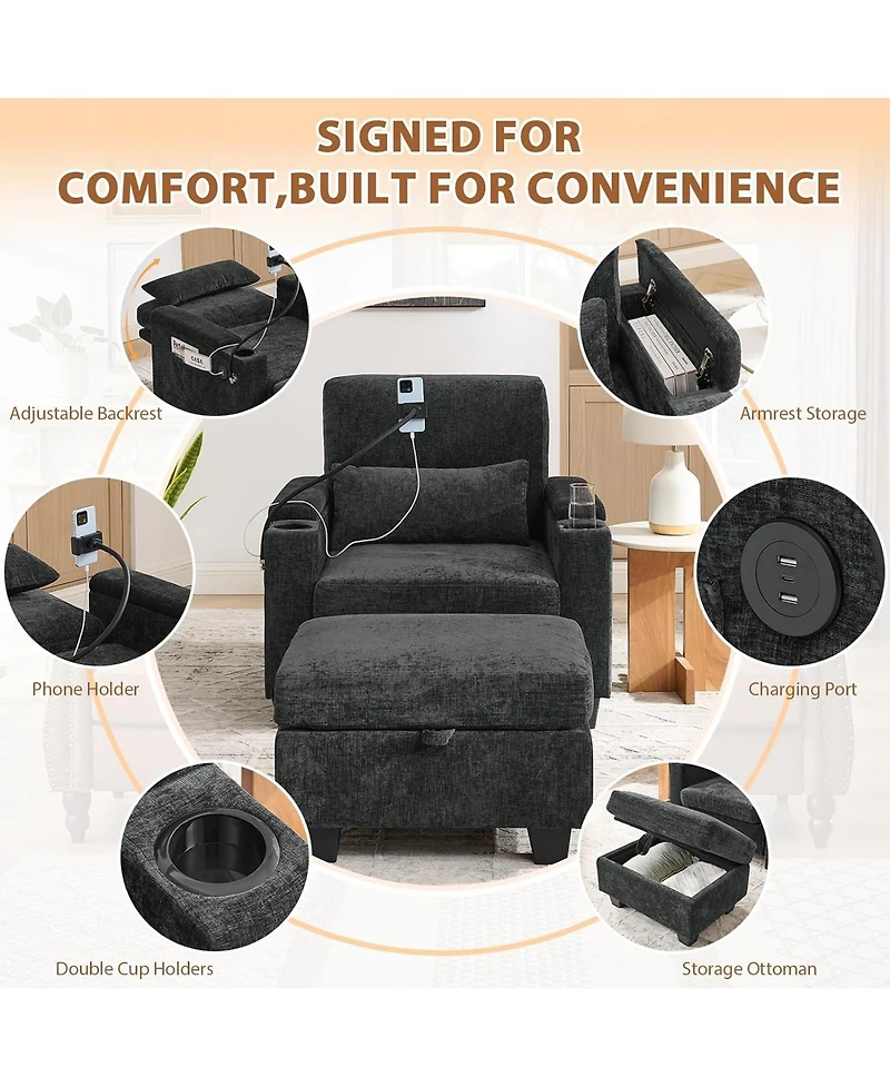 Rainsken Accent Chair with Storage Ottoman Set, Convertible Chaise Lounge Sleeper Chair with Usb Charging and Phone Holder for Living Room