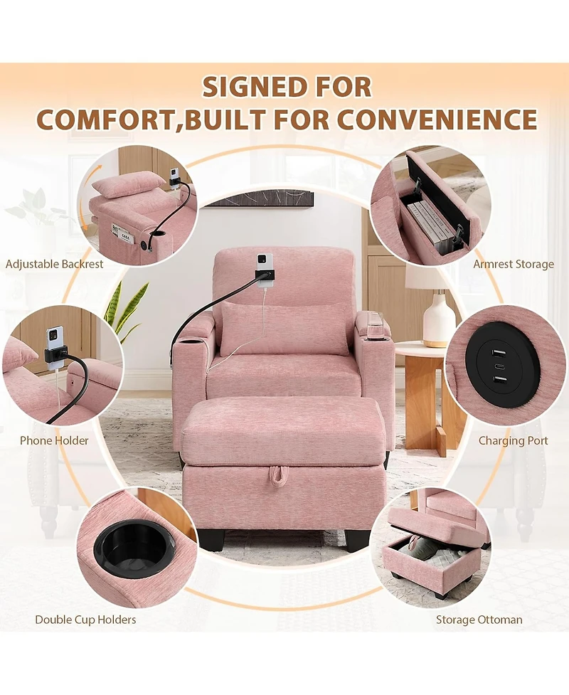 Rainsken Convertible Chaise Lounge Chair with Matching Storage Ottoman, Sleeper Bed with Usb Port and Phone Stand for Home Living Room
