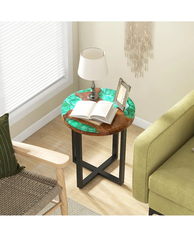 Gymax 20'' Round Teak Wood End Table Solid Live Edge Outdoor Side Table with Mahogany Base