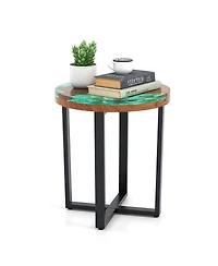 Gymax 20'' Round Teak Wood End Table Solid Live Edge Outdoor Side Table with Mahogany Base