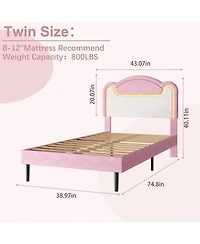Princess Bed Frame for Girls with Led Light, Upholstered Headboard, Sturdy Wood Slats, No Box Spring Needed