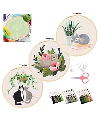 Gnuadz 3 Pack Embroidery Kit Beginners Cat Pattern Cross Stitch Hoops Threads Needles