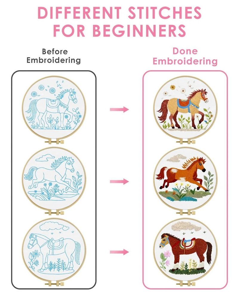Gnuadz 3 Pack Embroidery Kit Horse Stamped Patterns Hoop Tools Threads