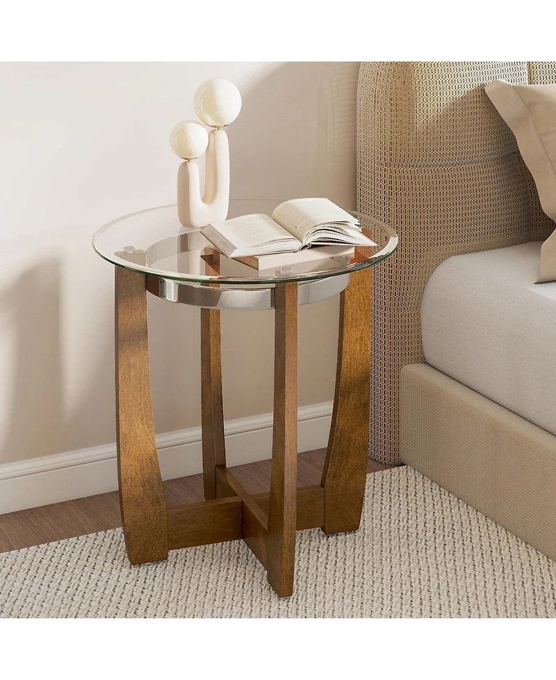 Slickblue Modern Round End Table with Glass Top and Rubber Wood Base, Accent Side Table