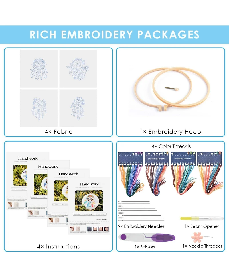 Gnuadz 4 Set Embroidery Kit Beginners Feather Wreath Cloth Hoops Threads