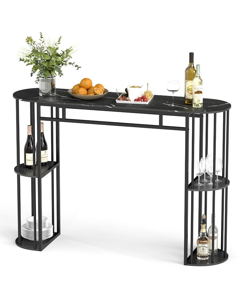 Slickblue Modern Narrow Bar Table with Faux Marble Tabletop and Built-in Storage Shelves