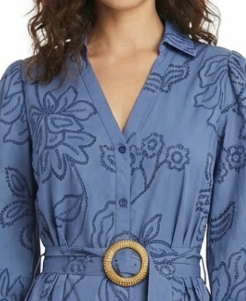 London Times Petite Belted Embroidered Collared Shirt Dress