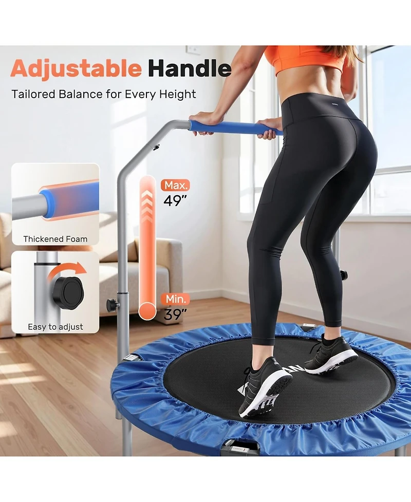Bcan SP2 48" Blue Foldable Mini Trampoline, 440lbs Capacity, Adjustable Foam Handle, Indoor/Garden Fitness Rebounder