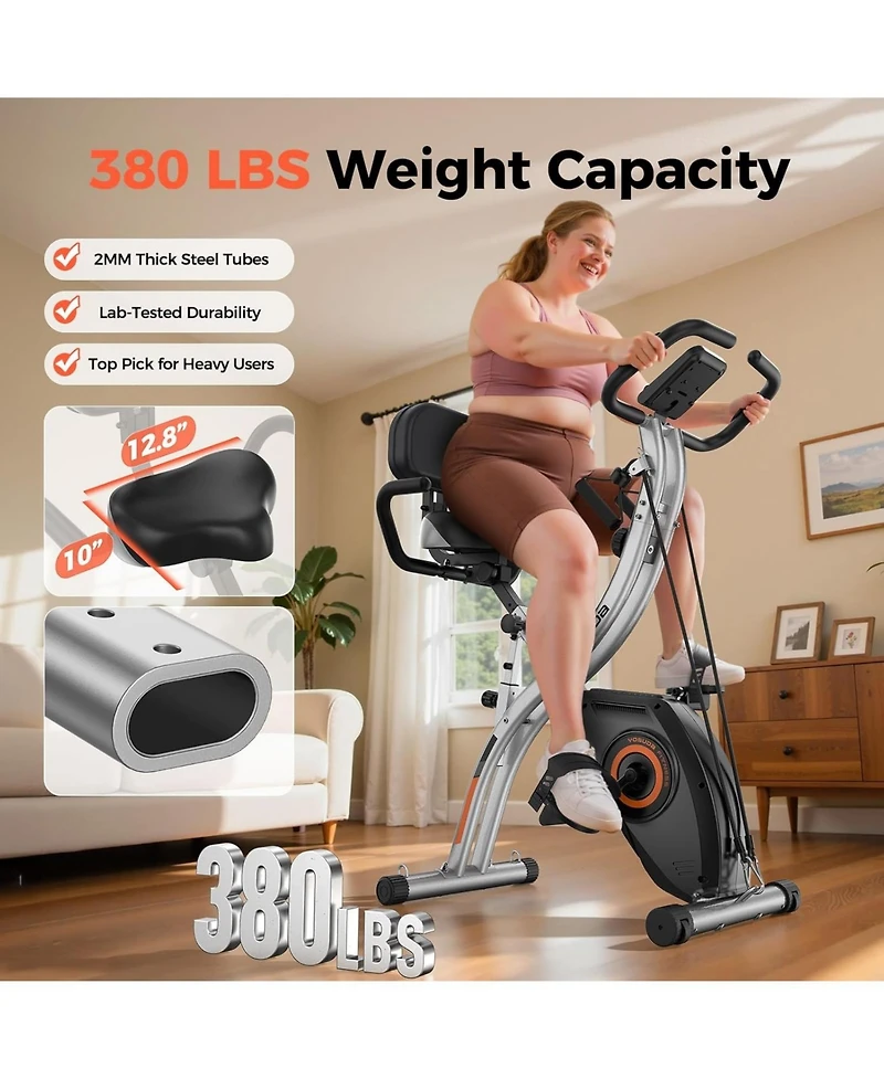 Fed Fitness 5-in-1 Pro Folding Exercise Bike, 16-Level Resistance and Quiet Magnetic Drive, Home Gym Bike with Rowing and Bands