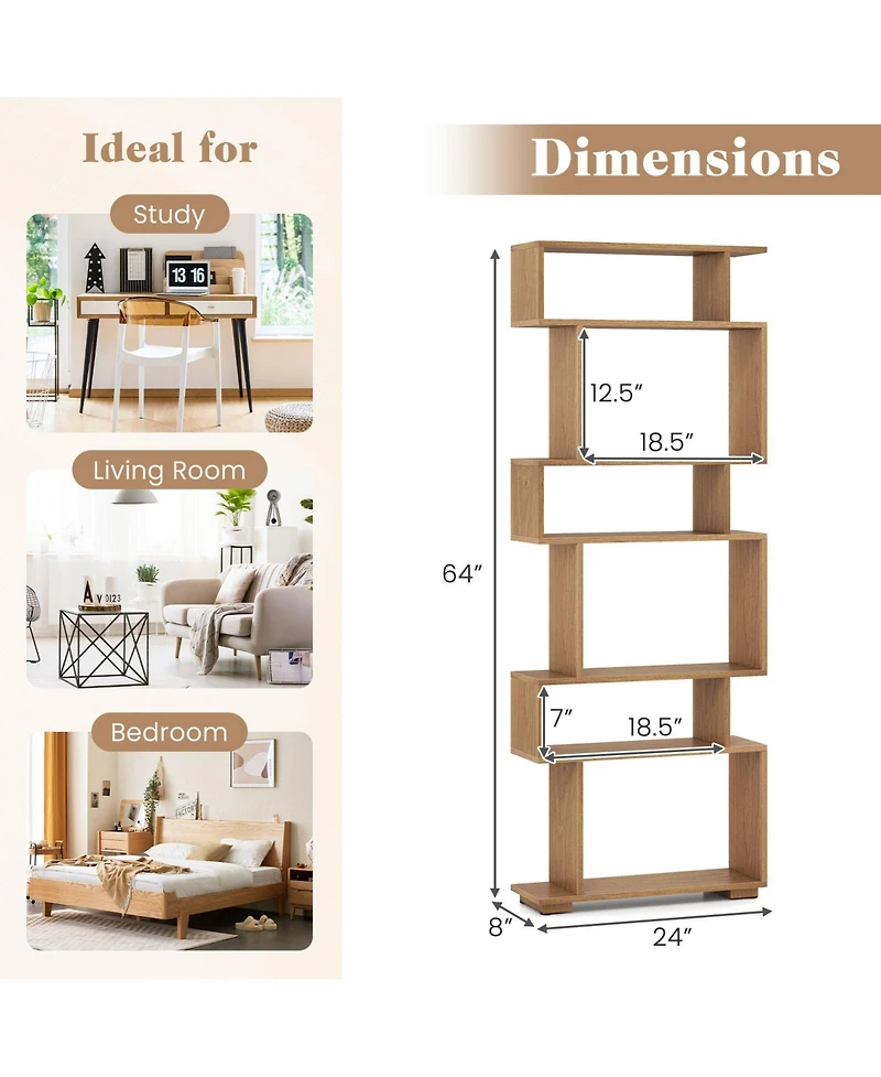 Gymax 2- Piece 6-Tier Bookshelf with 2 Anti-Tipping Kits Wooden Display Shelf for Home Office