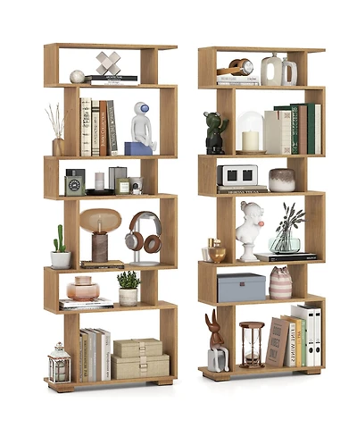 Gymax 2- Piece 6-Tier Bookshelf with 2 Anti-Tipping Kits Wooden Display Shelf for Home Office