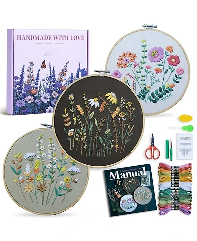 Gnuadz 3-pack Embroidery Kit Adult Floral Stitch Video Tutorial Guide Gift